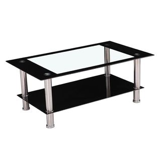 Table Basse Fixe Avec Plateau En Verre Trempé Transparent Avec Bord Noir Et Pieds En Acier