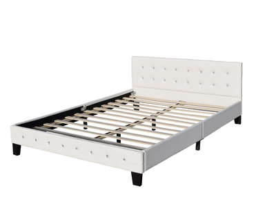 Lit 140x200 Cm Avec Sommier, Tête De Lit Capitonnée Blanche, 13 Lattes, Pieds 10 Cm,