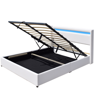 Lit Coffre 140x200 Cm Déhoussable Blanc Avec Tête De Lit LED-14 Lattes-revêtement Pvc Simili