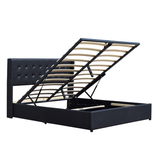 Lit Coffre Déhoussable Noir 140x190 Cm Avec Tête De Lit Capitonnée-12 Lattes-revêtement Pvc Simili
