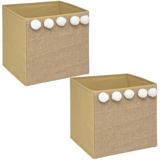 Lot De 2 Boîtes De Rangement Enfant Avec 5 Pompons - L. 29 X L. 29 Cm - Marron Et Blanc
