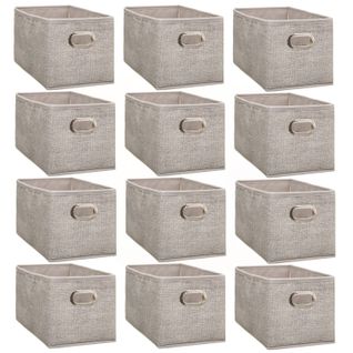 Lot De 12 Boites De Rangement En Tissu Avec Poignée - Longueur 31 X Hauteur 15 Cm - Beige Chiné