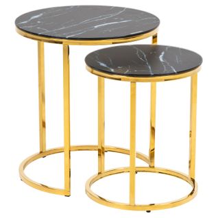 Lot De 2 Tables Ronde En Marbre Et Métal - Diam.45cm + Diam.35cm - Doré Et Noir