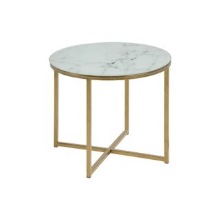 Table à Café Ronde Effet Marbre En Verre Et Métal - Diam. 50 Cm X H. 42 Cm - Doré Et Blanc