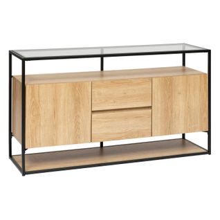 Buffet 2 Portes Et 2 Tiroirs Effet Bois Et Verre Aldea - Beige