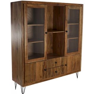 Vitrine Élégante Acacia Marron Avec Portes En Verre