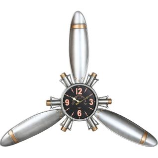 Horloge Murale Métal Style Avion Argent Et Doré Vintage