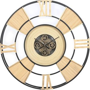 Horloge Murale Métal Et Rotin Style Loft Naturel Et Noir