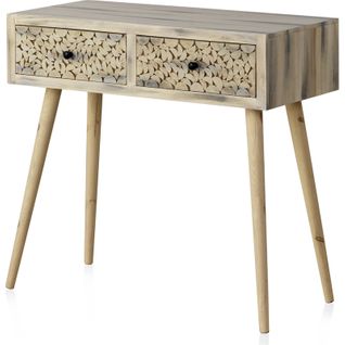 Console En Bois Naturel Finition Greywash Avec Tiroirs Sculptés
