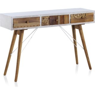 Console Blanche Bois Naturel Vieilli Et Tiroirs Sculptés