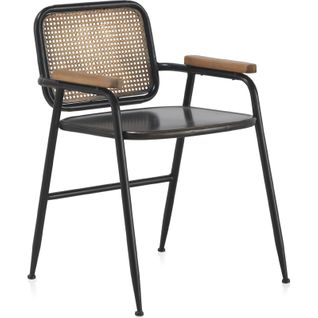 Fauteuil Métal Noir Dossier Effet Rotin Et Accoudoirs Bois