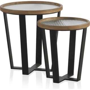 X2 Tables Basses Ronde En Bois Et Métal Avec Plateau En Verre Trempé