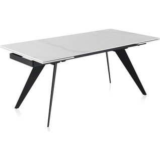 Table Extensible Blanche Céramique Imitation Marbre Pieds Métal Noir