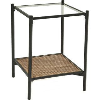 Table Dappoint En Métal Et Rotin Naturel Avec Plateau En Verre