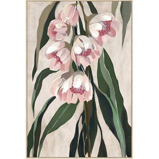 Tableau Floral Vert Et Rose Sur Toile Avec Cadre Peint à Lhuile - 83 X 123 Cm