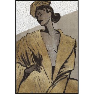 Tableau Femme Élégante Avec Cadre Feuille D'or Peint à La Main - 83 X 123 Cm