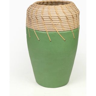 Vase Décoratif En Céramique Vert Et Rotin Naturel