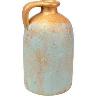 Vase Décoratif En Terre Cuite Bleu Et Doré Avec Anse Élégante