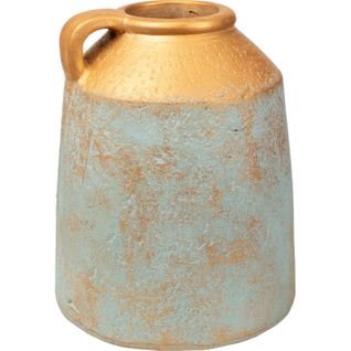 Vase En Terre Cuite Bleu Et Or Style Artisanal Élégant