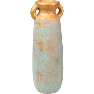 Vase Décoratif Terracotta Bleu Doré à Deux Anses Élégant