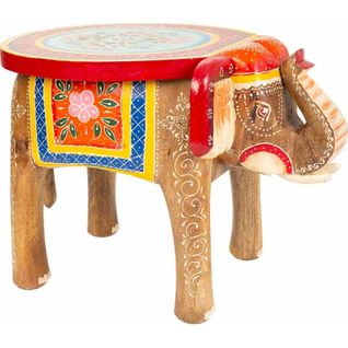 Table Basse Éléphant Bois Peint Décor Coloré Artisanal