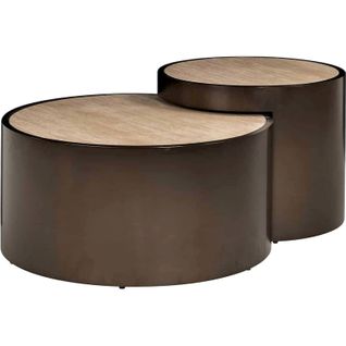 Table Basse Ronde Design Beige Effet Travertin Et Base Bronze