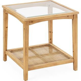 Table D'appoint En Bois De Pin Rotin Et Verre Naturel Élégance