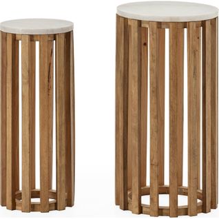 Table D'appoint Bois De Pin Et Marbre Naturel Blanc Élégant