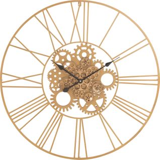 Horloge Murale Dorée Chiffres Romains Engrenages Métal Design