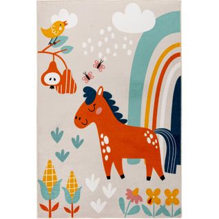 Tapis Enfant Multicolore Motif Cheval Lavable Doux 160 X 115 Cm Beige