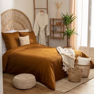 Housse Couette + 2 Taies 240 X 260 Cm Percale De Coton Uni Ocre
