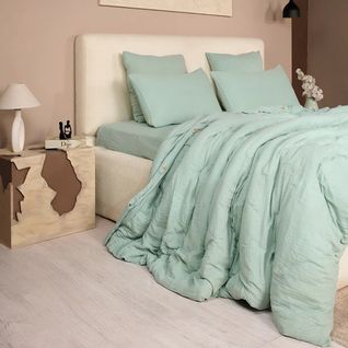 Housse De Couette + Taies Gaze De Coton Lave 240 X 260 Cm Douce Vert Givree