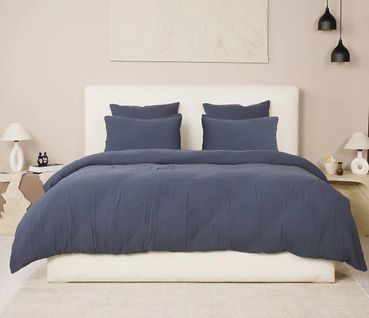 Housse De Couette + Taies Gaze De Coton Lave 240 X 260 Cm Douceur Bleu Petrole