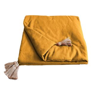 Edredon Bout De Lit En Coton Avec Pompons 90 X 190 Cm Cocoon Moutarde