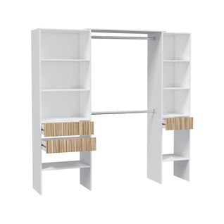 Dressing Ouvert Avec Étagères Et 3 Tiroirs Blanc Et Bois Naturel