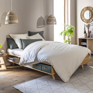 Lit En Bois Massif Naturel Avec Rangements 140x190