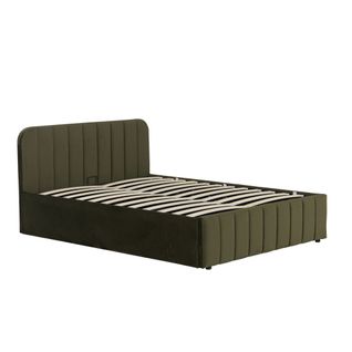 Lit Coffre En Velours Avec Tête De Lit Rembourrée Kaki 140x190