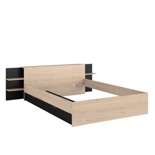 Lit Avec Tête De Lit Rangement Et Tiroir De Lit 140x190/200 Effet Bois Naturel Et Noir