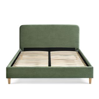 Lit 140x190 En Velours Côtelé Avec Pieds En Bois Kaki