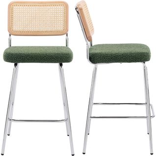 Lot De 2 Chaises De Bar En Cannage Et Tissu Bouclé Vert, Piètement Chromé - Muse