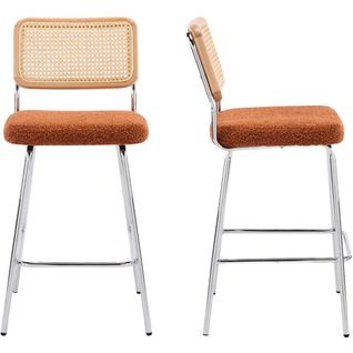 Lot De 2 Chaises De Bar En Cannage Et Tissu Bouclé Rouille, Piètement Chromé - Muse