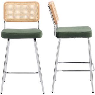 Lot De 2 Chaises De Bar En Cannage Et Velours Côtelé Vert Kaki, Piètement Chromé - Muse