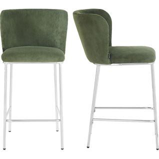 Lot De 2 Tabourets De Bar En Velours Côtelé Vert Kaki, Piètement Chromé - Toma
