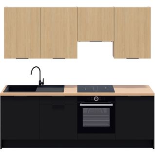 Ensemble De 8 Meubles De Cuisine - L. 245 Cm - Noir Et Chêne Clair Cannelé - Luzia Mix