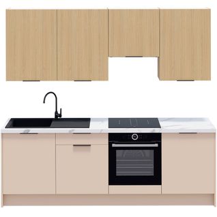 Ensemble De 8 Meubles De Cuisine - L. 245 Cm - Beige Cachemire Et Chêne Clair Cannelé - Luzia Mix