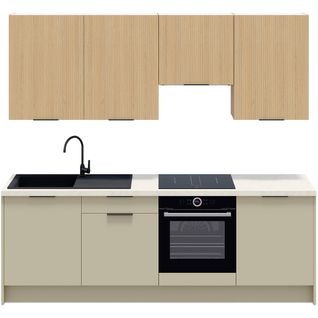 Ensemble De 8 Meubles De Cuisine - L. 245 Cm - Vert Sauge Et Chêne Clair Cannelé - Luzia Mix