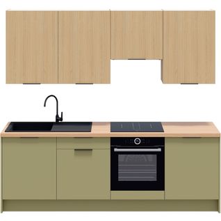 Ensemble De 8 Meubles De Cuisine - L. 245 Cm - Vert Olive Et Chêne Clair Cannelé - Luzia Mix