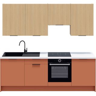 Ensemble De 8 Meubles De Cuisine - L. 245 Cm - Terracotta Et Chêne Clair Cannelé - Luzia Mix