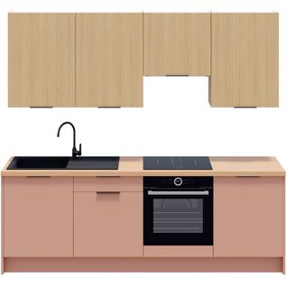 Ensemble De 8 Meubles De Cuisine - L. 245 Cm - Abricot Et Chêne Clair Cannelé - Luzia Mix