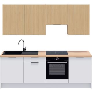 Ensemble De 8 Meubles De Cuisine - L. 245 Cm - Blanc Et Chêne Clair Cannelé - Luzia Mix